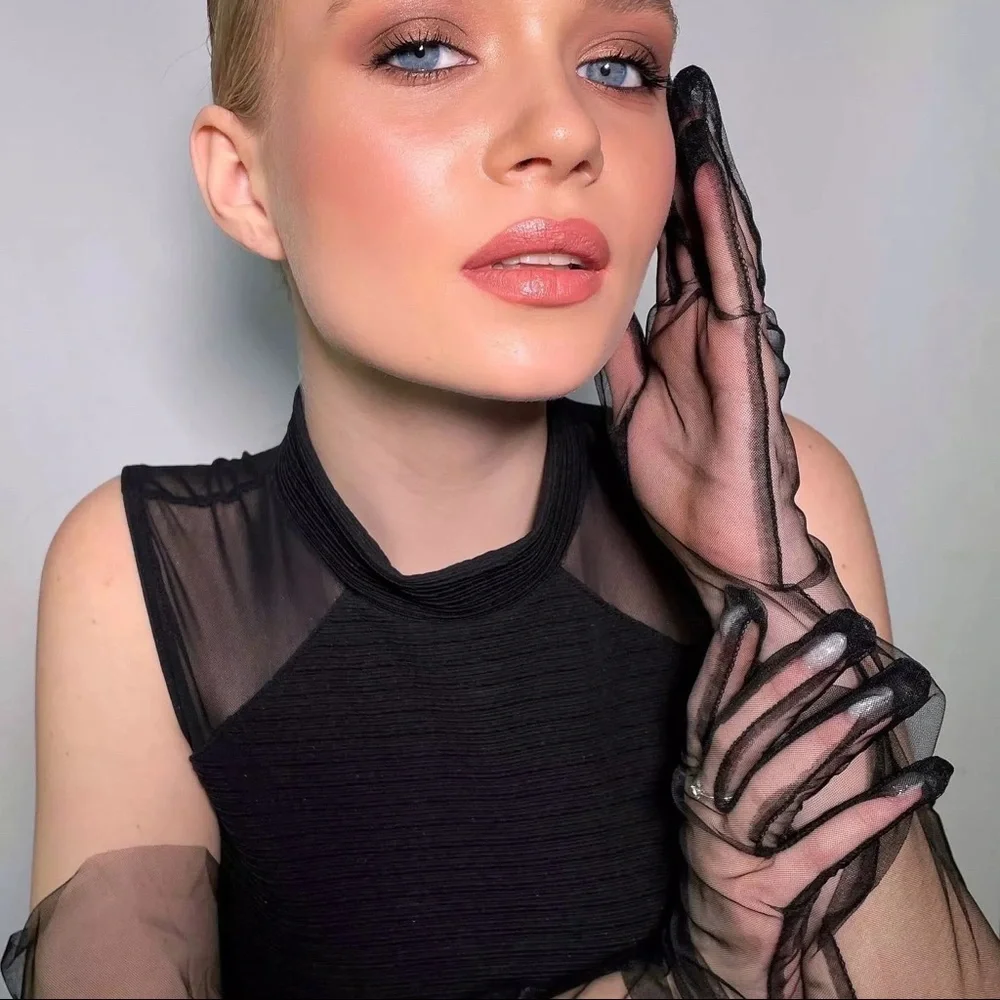 Mesh Kink Long Tulle Crumbling Taffeta Black High Gloves Transparent